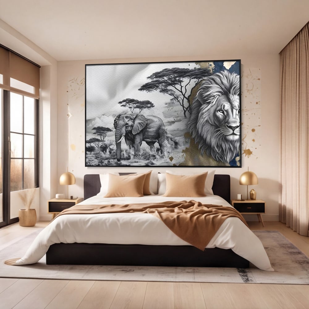 Tablou canvas cu tablou canvas cu leu si elefant, in rama de aluminiu negru, pe perete intr-un dormitor